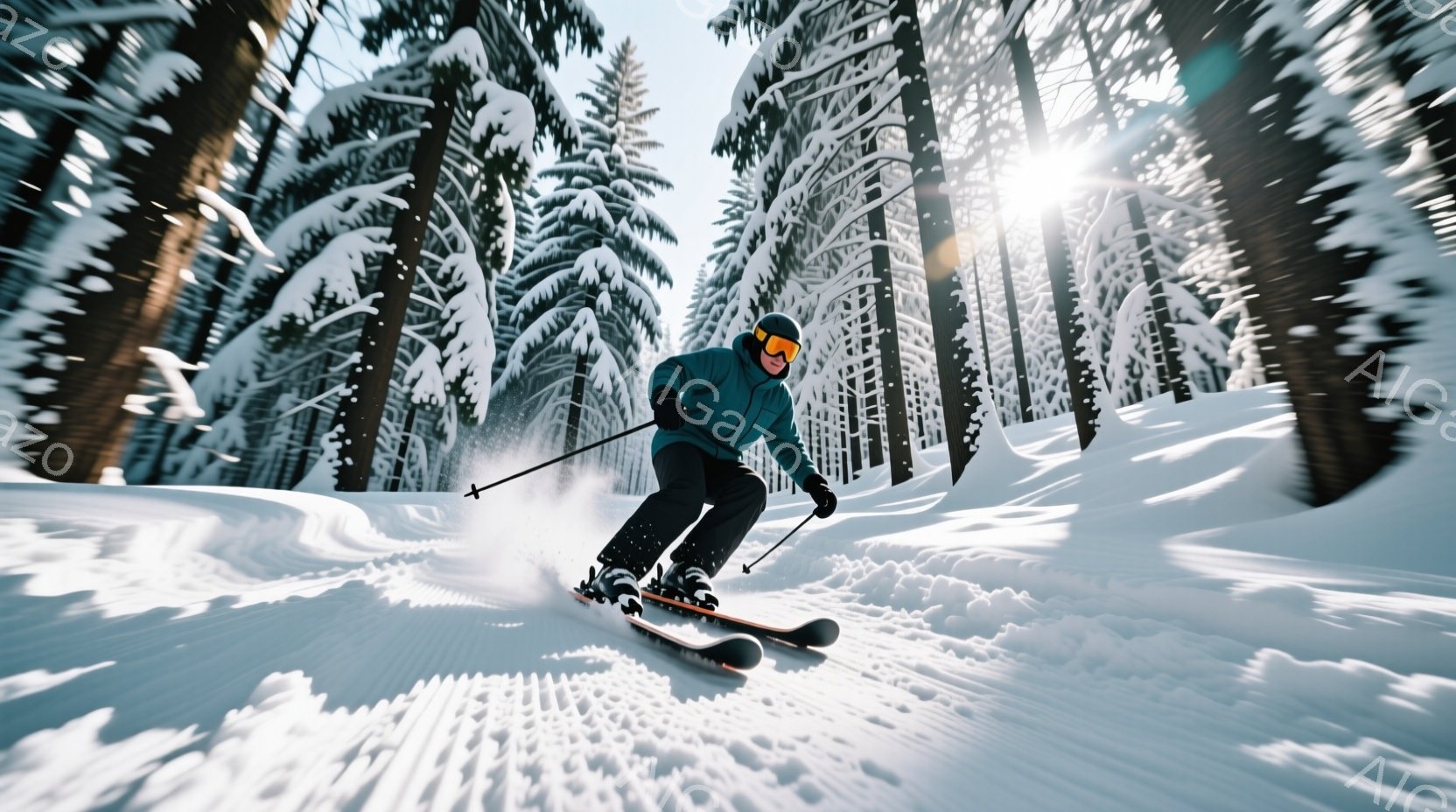 スキーヤーは紺色のジャケットと黒いズボンを着用し、ヘルメットとゴーグルで身を包み、雪の上を勢いよく滑走している。彼はやや前傾姿勢で、スキーのコントロールに集中しており、表情はゴーグルで隠されているが、スピード感と楽しさが伝わってくる。背景には、雪をまとった木々が生い茂り、太陽の光が木々の間から差し込み、冬の森の静けさと美しさを強調している。