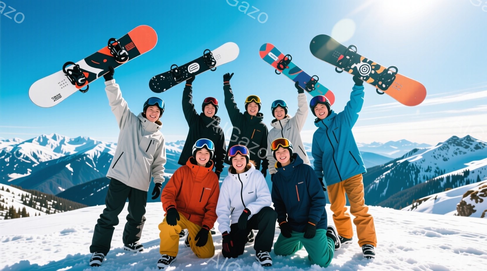 雪山を背景に、スノーボードを持った7人の若者たちが写っています。彼らはそれぞれカラフルなウィンタースポーツウェアを着ており、ヘアスタイルは様々ですが、ほとんどが帽子やヘルメットを被っています。明るい笑顔でポーズを決めており、雪原に立ったり、膝をついたりして楽しんでいます。