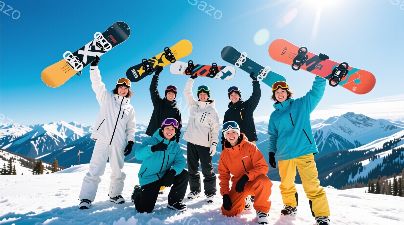 雪山を背景に、スノーボードを掲げた７人の若い女性たちが写っています。皆、カラフルなウィンタースポーツウェアとゴーグルを着用し、笑顔でポーズをとっています。背景には雪に覆われた山々が広がり、晴天の下、活気に満ちた冬の雰囲気を醸し出しています。