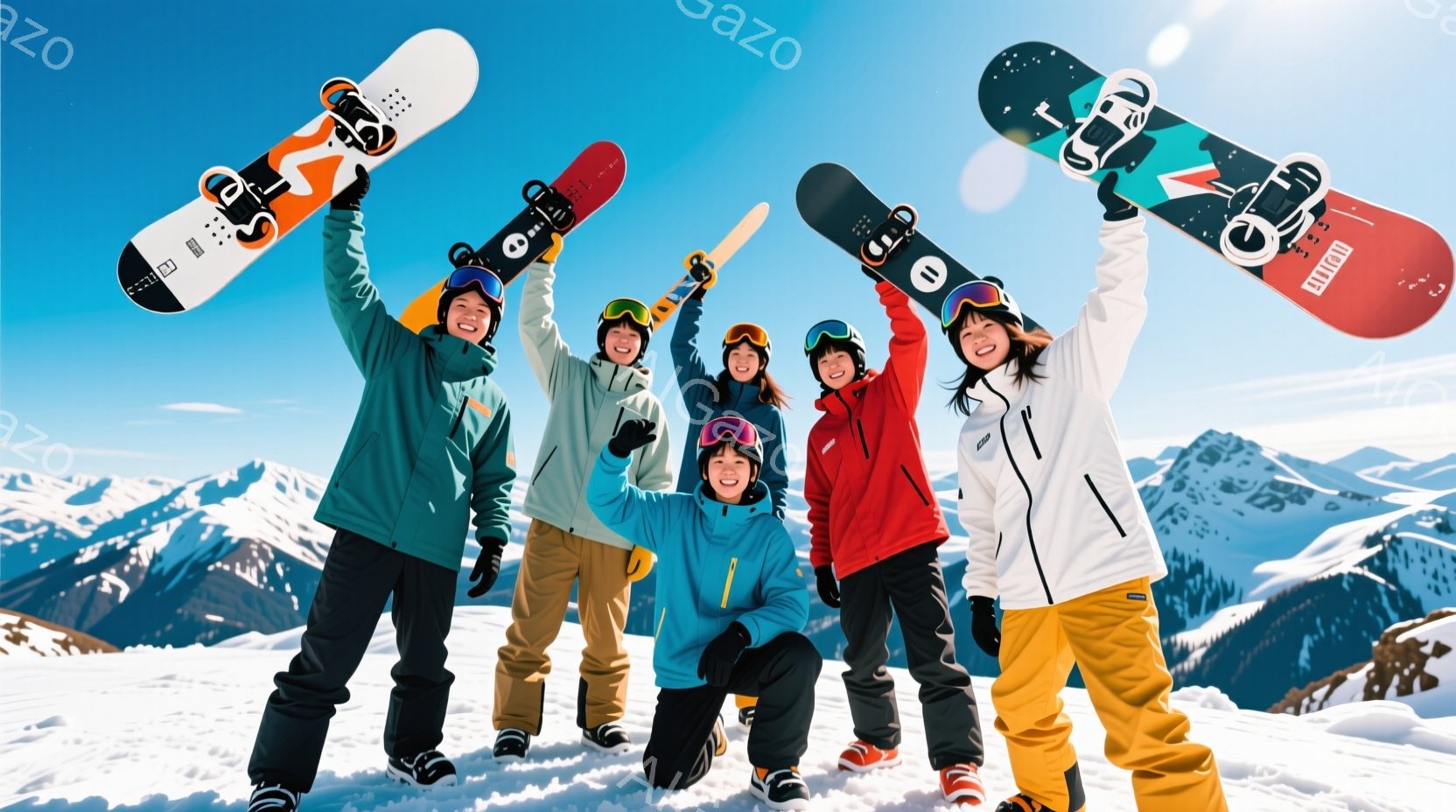 雪山を背景に、スノーボードを持った若い男女グループが写っている。彼らはカラフルなウィンタースポーツウェアを身に着け、ニット帽やゴーグルを着用し、全員が笑顔でポーズをとっている。背景には雪を頂いた山々が - AI生成フリー素材