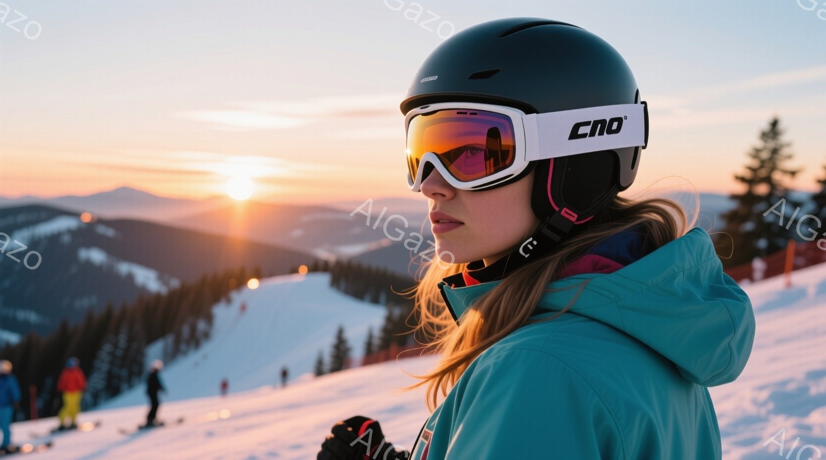 鮮やかなターコイズブルーのスキーウェアに黒のヘルメットを被った女性が写っています。彼女は日没時の雪山を横顔で捉えられ、強い意志を感じさせる表情をしています。背景には雪に覆われた山々と、オレンジ色に輝く夕焼け空が広がり、冬の澄んだ空気と静寂が感じられます。