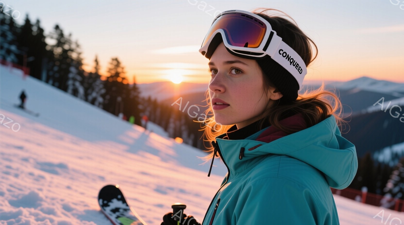 スキーウェアを着た女性が写っており、ターコイズブルーのジャケットに黒いインナー、そして白と黒のゴーグルを着用しています。彼女は少し横を向き、遠くを見つめており、髪はゴーグルの下から少し覗いています。背 - AI生成フリー素材