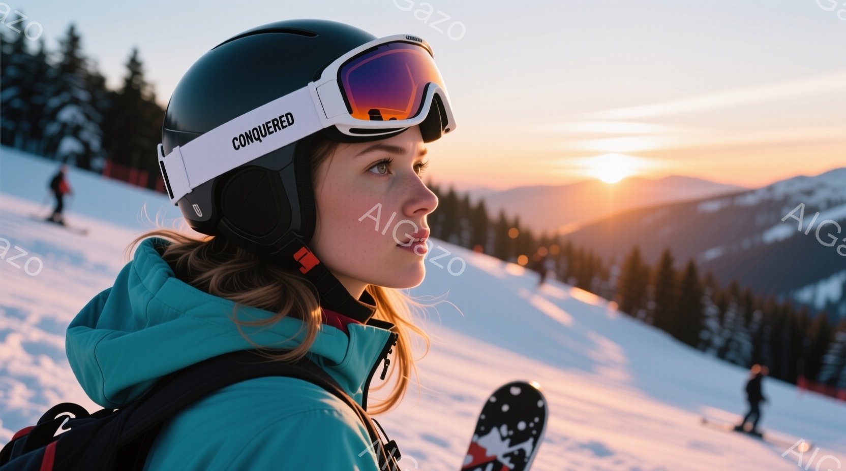 スキーヤーの女性が写っており、ターコイズブルーのジャケット、黒のヘルメット、ゴーグルを着用しています。彼女は少し横を向き、遠くを見つめており、表情は決意に満ちています。背景には雪に覆われた山々と、夕焼けのオレンジ色の空が広がり、冬の静かで力強い雰囲気を醸し出しています。