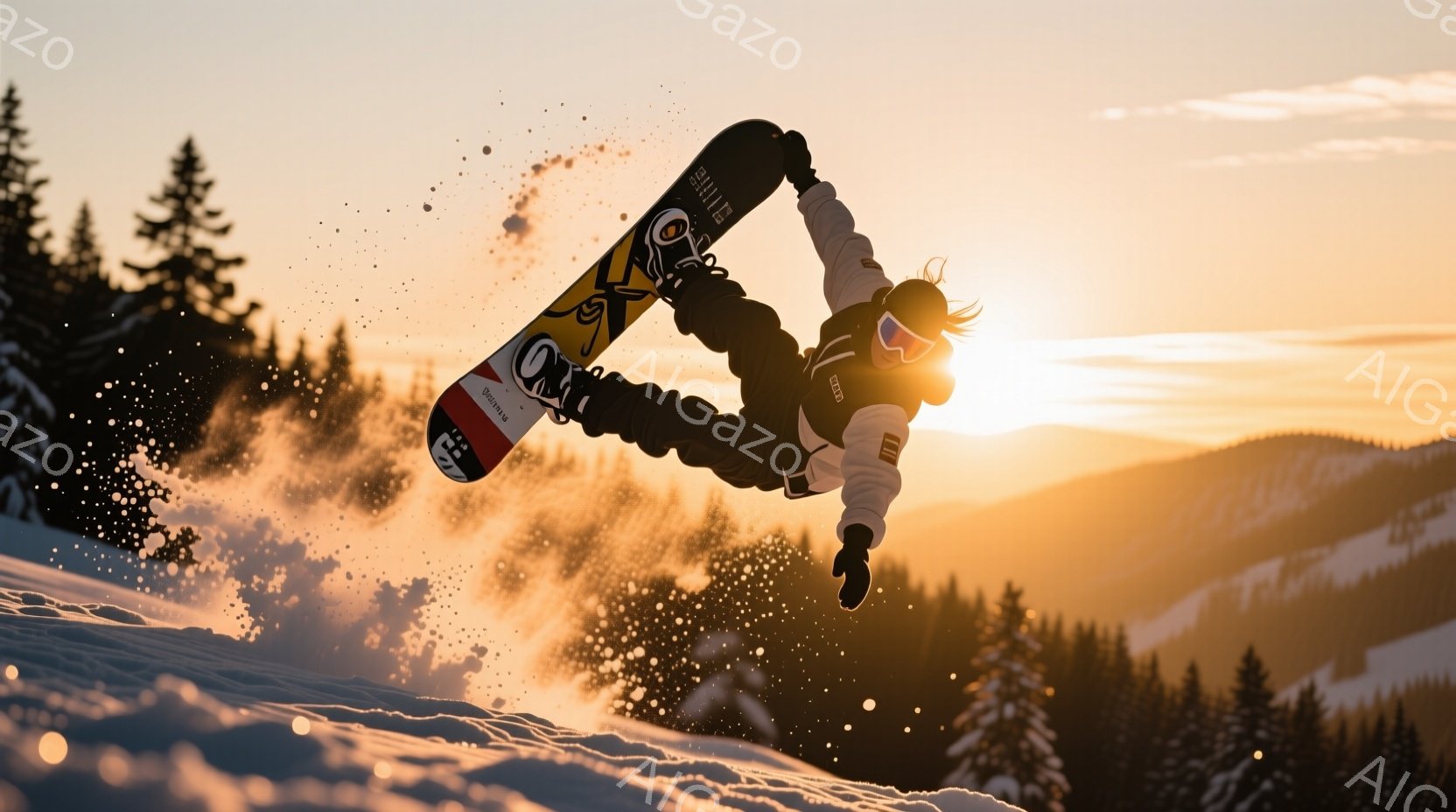 スノーボーダーが空中でのトリックを決めている瞬間を捉えた写真です。彼は黒いヘルメットとゴーグルを着用し、鮮やかな緑、黒、白のスキーウェアを着ています。背景には雪に覆われた木々と夕焼けのような暖かい光が広がり、ダイナミックでエネルギッシュな雰囲気を醸し出しています。