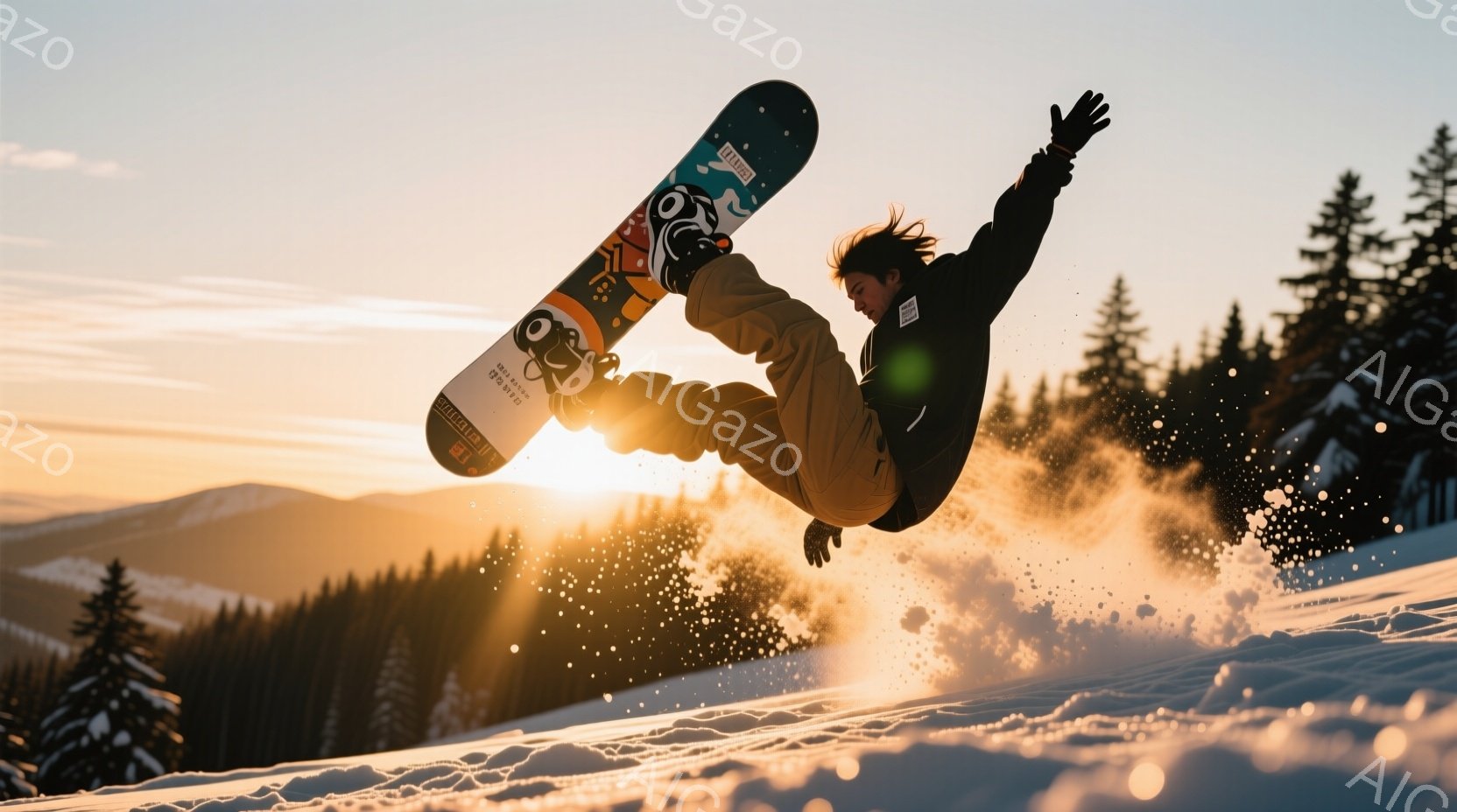 スノーボーダーが空中でのトリックを決めている瞬間を捉えた写真です。彼は茶色のジャケットとパンツを身につけ、黒髪を少し無造作に出しています。背景には雪に覆われた山々と夕焼けのような暖色系の光が広がり、躍動感と爽やかな冬の雰囲気を醸し出しています。