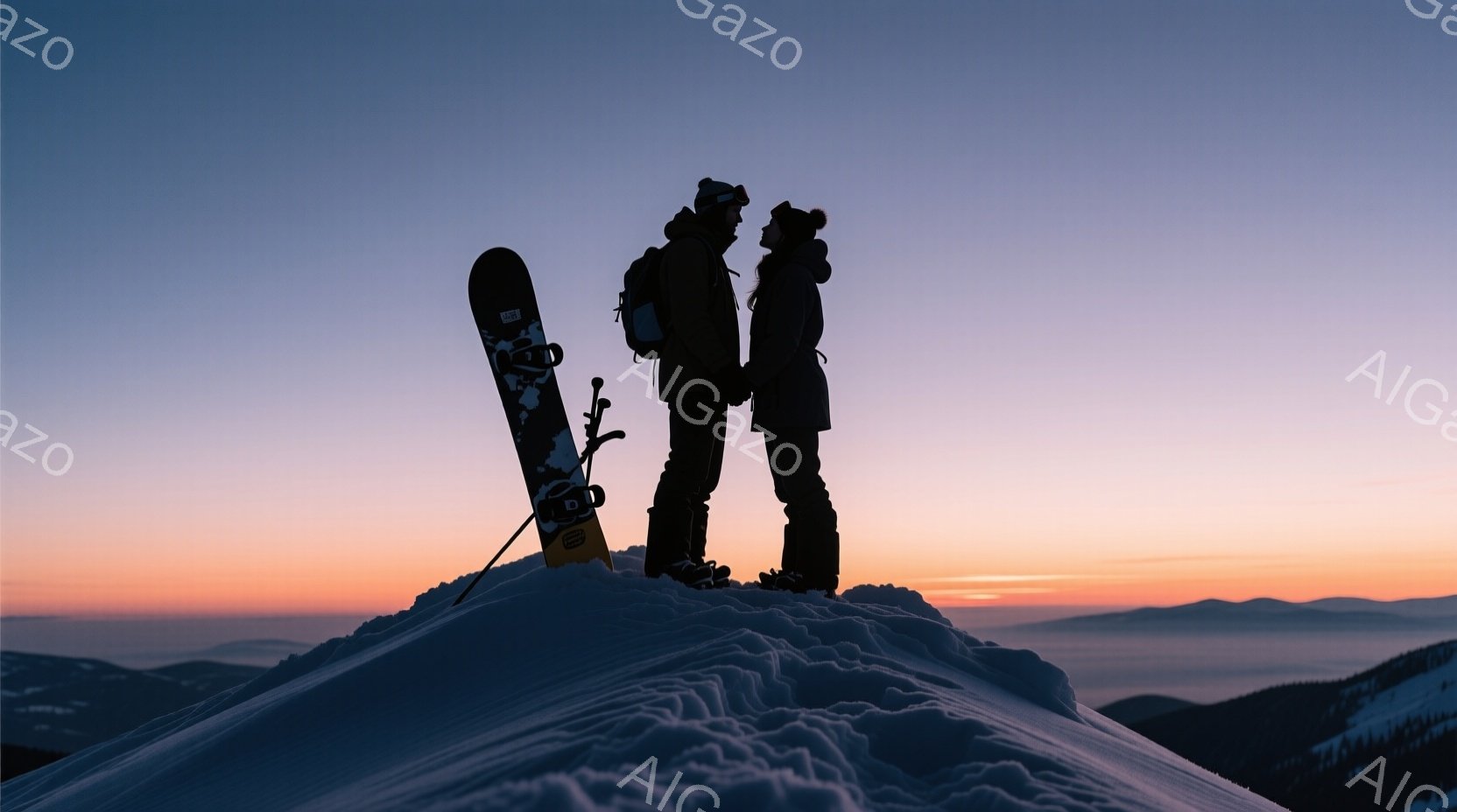 雪山の頂上に立つ男女のシルエットが印象的な写真です。二人はスキー板を立てかけ、寄り添うように立っており、暖かい服装で寒さから身を守っています。背景にはオレンジと紫が混ざり合う美しい夕焼け空と、雪に覆わ - AI生成フリー素材