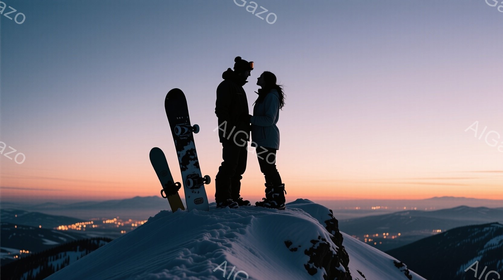 スノーボードの板を立てかけ、カップルが雪山頂で寄り添い合っている。男性はニット帽を被り、女性は長い髪を後ろに流し、二人は夕焼けに照らされた山並みを見つめている。背景には遠くの街の灯りと、雪に覆われた山々が広がり、穏やかでロマンチックな雰囲気を醸し出している。