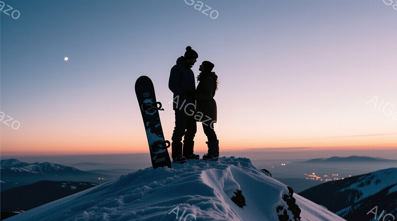 雪山の上で、シルエットになった男女が寄り添い合っている。男性はニット帽をかぶり、女性は長い髪を後ろで束ねている。背景にはオレンジと紫が混ざり合った夕焼け空が広がり、遠くには街の明かりがぼんやりと見え、静かでロマンチックな雰囲気が漂う。