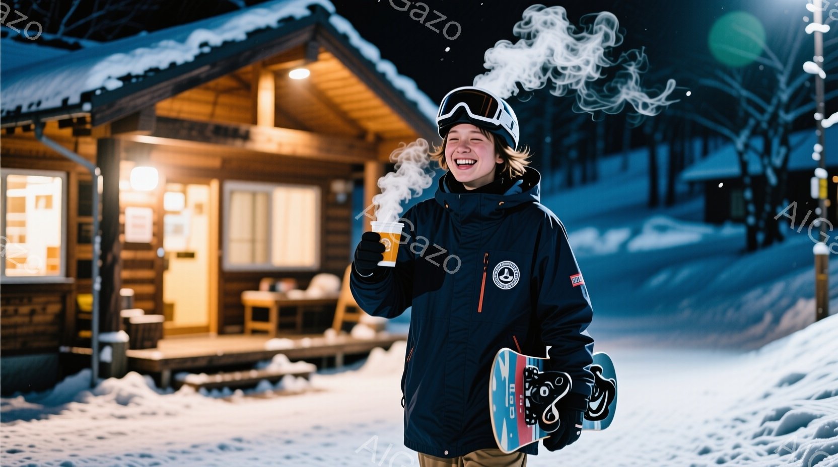 スノーボードを持つ少年が、雪景色の中で笑顔でホットドリンクを手にしている。少年は黒のジャケットと帽子を着用し、明るい髪は帽子の下から覗いている。背景には照明が灯った木造の建物が見え、雪が降る夜の静かで - AI生成フリー素材