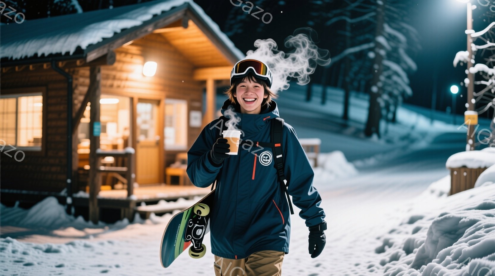 雪山でホットドリンクを手に持つ女性のスノーボーダーを捉えています。彼女は紺色のジャケット、茶色のズボン、黒い髪を頭から出しています。背景には暖かく光る木造の建物があり、雪景色と夜空が広がっています。 - AI生成フリー素材