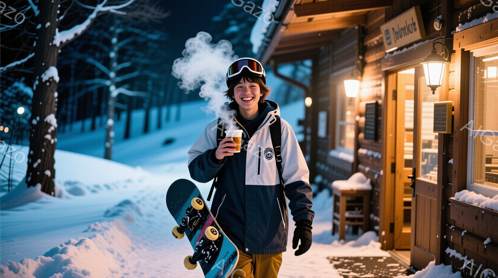 雪景色の中に立つ若い男性が、スノーボードを肩に担ぎ、湯気の立つカップを持って微笑んでいます。彼は白と黒のジャケット、黒いズボン、ゴーグルを着用し、髪はゴーグルの下からわずかに覗いています。背景には、暖かく光る窓のある木造の建物があり、雪の降る夜の静かで穏やかな雰囲気が漂っています。