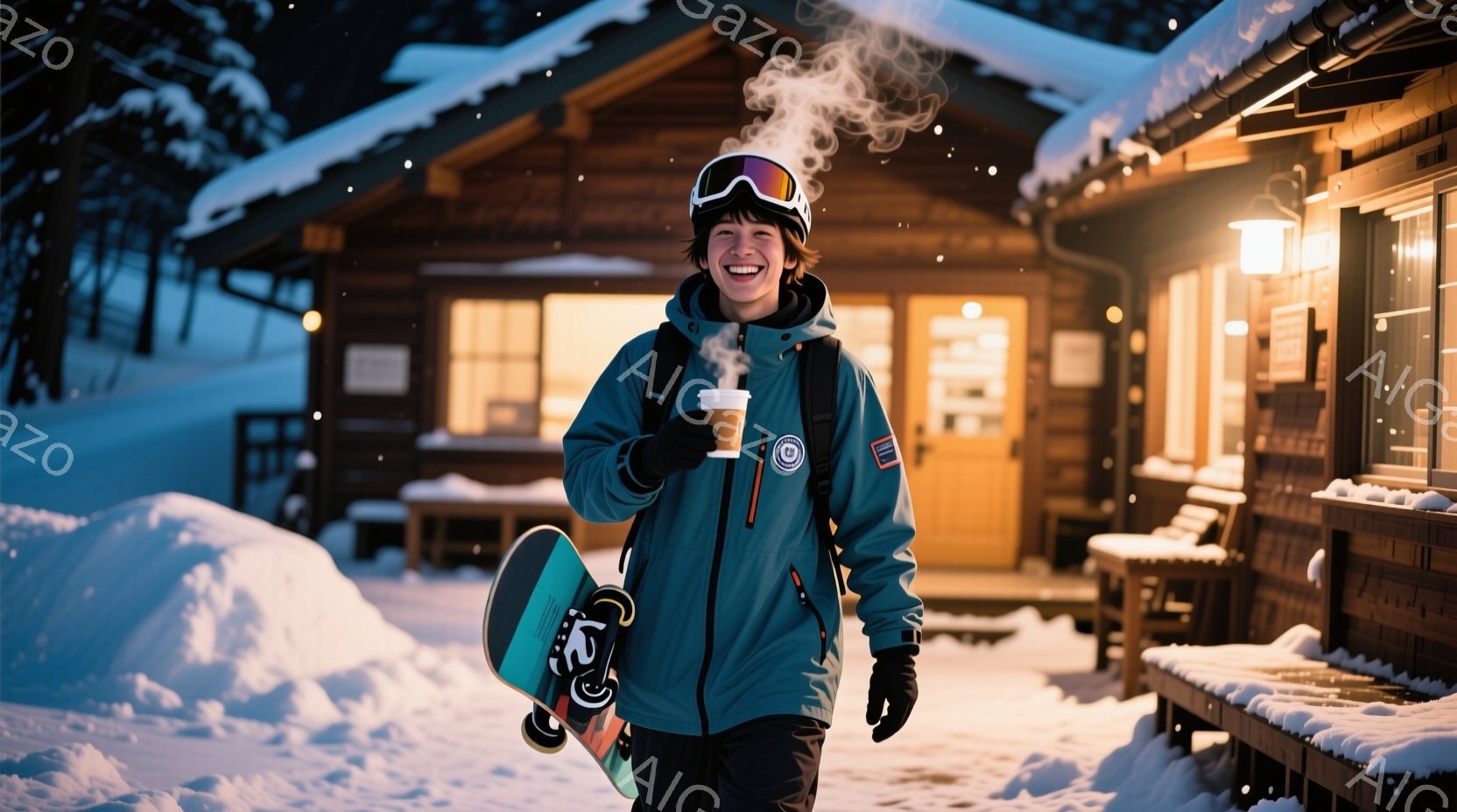 雪景色の中で、スノーボードを持った女性が微笑んでいます。彼女は青いジャケットと黒いズボンを身につけ、頭にはゴーグル、髪は短く整えられています。背景には木製の建物があり、雪が舞う夜の静かで温かい雰囲気が漂っています。