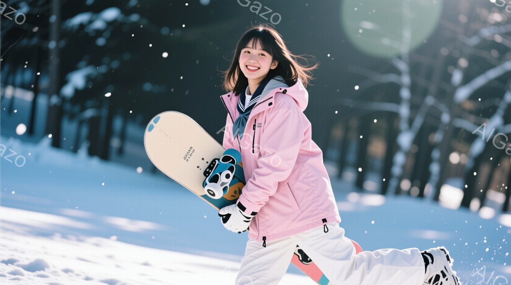 ピンクのウィンタージャケットと白いスキーパンツを着用した若い女性が、雪の上を歩いている。彼女は明るい笑顔を浮かべ、片手にスノーボードを持っており、髪は肩までの長さで少しカールしている。背景には雪景色が広がり、遠くにはぼんやりと建物が見え、雪が舞っている。