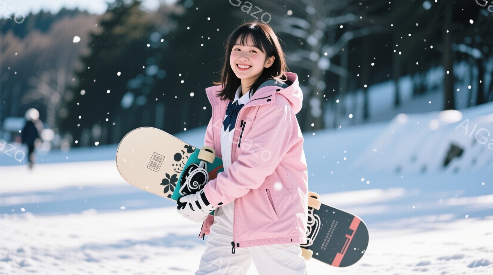 雪景色の中で、ピンク色のスノーボードウェアを着た若い女性が、スノーボードを抱えて笑顔で立っています。彼女は明るい茶色の髪を肩のあたりで切り揃え、白いインナーとグローブを着用しています。背景には雪に覆わ - AI生成フリー素材