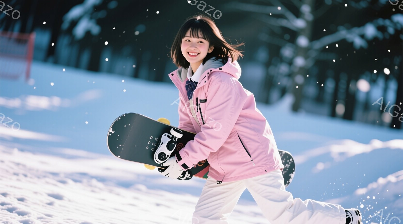 スノーボードを持つ若い女性が雪の上を歩いています。ピンクのジャケットと白いズボンを着用し、黒い髪を耳にかかった短いスタイルにしています。背景は雪景色で、遠くには木々が見え、全体的に明るく、活気に満ちた雰囲気が漂っています。