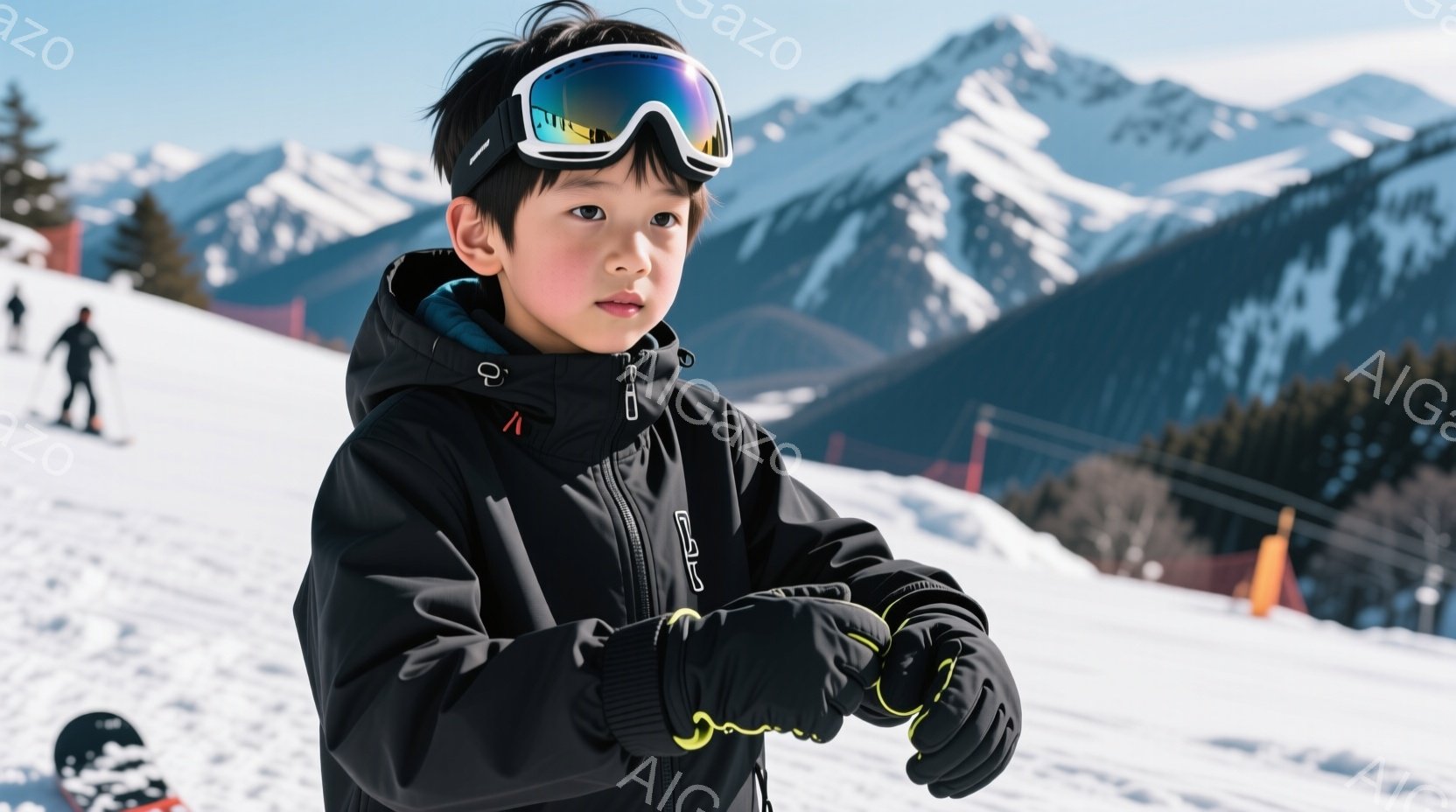 少年はスキー場で黒いジャケット、黒い手袋、そして鮮やかな青色のゴーグルを身に着けて立っています。彼は少し真剣な表情で、少し体を丸めて立っており、冬のスキーを楽しんでいる様子が伺えます。背景には雪を頂い - AI生成フリー素材