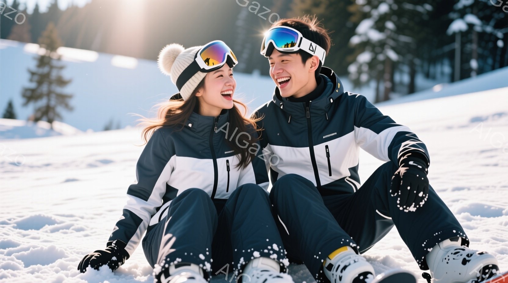 スキー場で楽しんでいる若い男女が写っています。彼らは紺色と白のスキーウェアに身を包み、ゴーグルと帽子を着用し、満面の笑みを浮かべています。背景には雪景色が広がり、晴れた空の下で、二人は雪の上に座ってリ - AI生成フリー素材