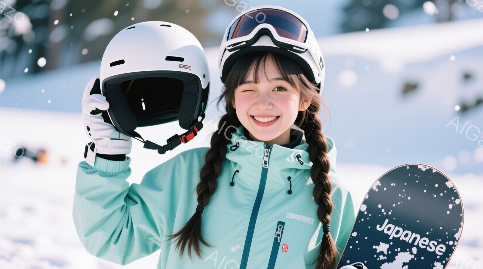 雪景色を背景に、明るい笑顔の女性が写っている。ターコイズブルーのスキーウェアに黒いヘアバンドをつけ、髪は二つに結ばれている。彼女はヘルメットを片手に持ち、スキー板が肩に担がれていることから、スノーボードやスキーを楽しんだ後であることがわかる。