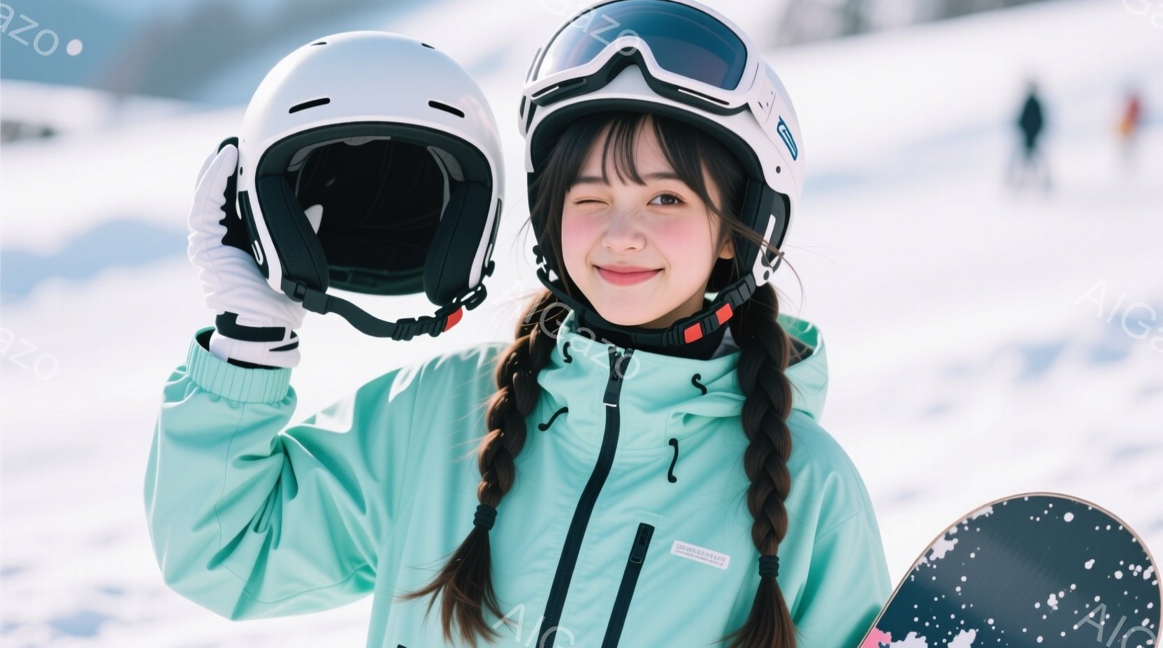 若い女性がスキー場でポーズをとっています。ターコイズブルーのスキーウェアに、黒いヘアバンドと三つ編みの髪型、そしてスキーゴーグルを着用し、片手にヘルメットを持っています。背景は雪景色で、スキー場の一部の建物が見え、全体的に明るく楽しい雰囲気が漂っています。
