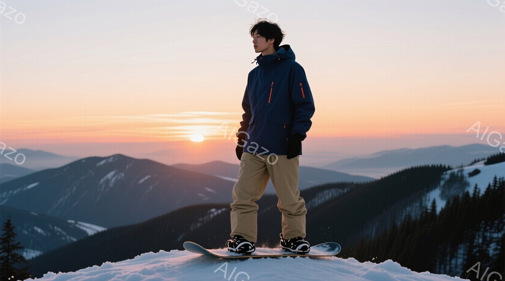 スノーボードに乗った男性が雪山の上で立っている。彼は濃い青色のジャケットとベージュ色のズボンを着用し、黒いヘアスタイルで後ろを向いている。背景には、夕焼けに照らされた雪山が連なり、オレンジと紫色のグラ - AI生成フリー素材