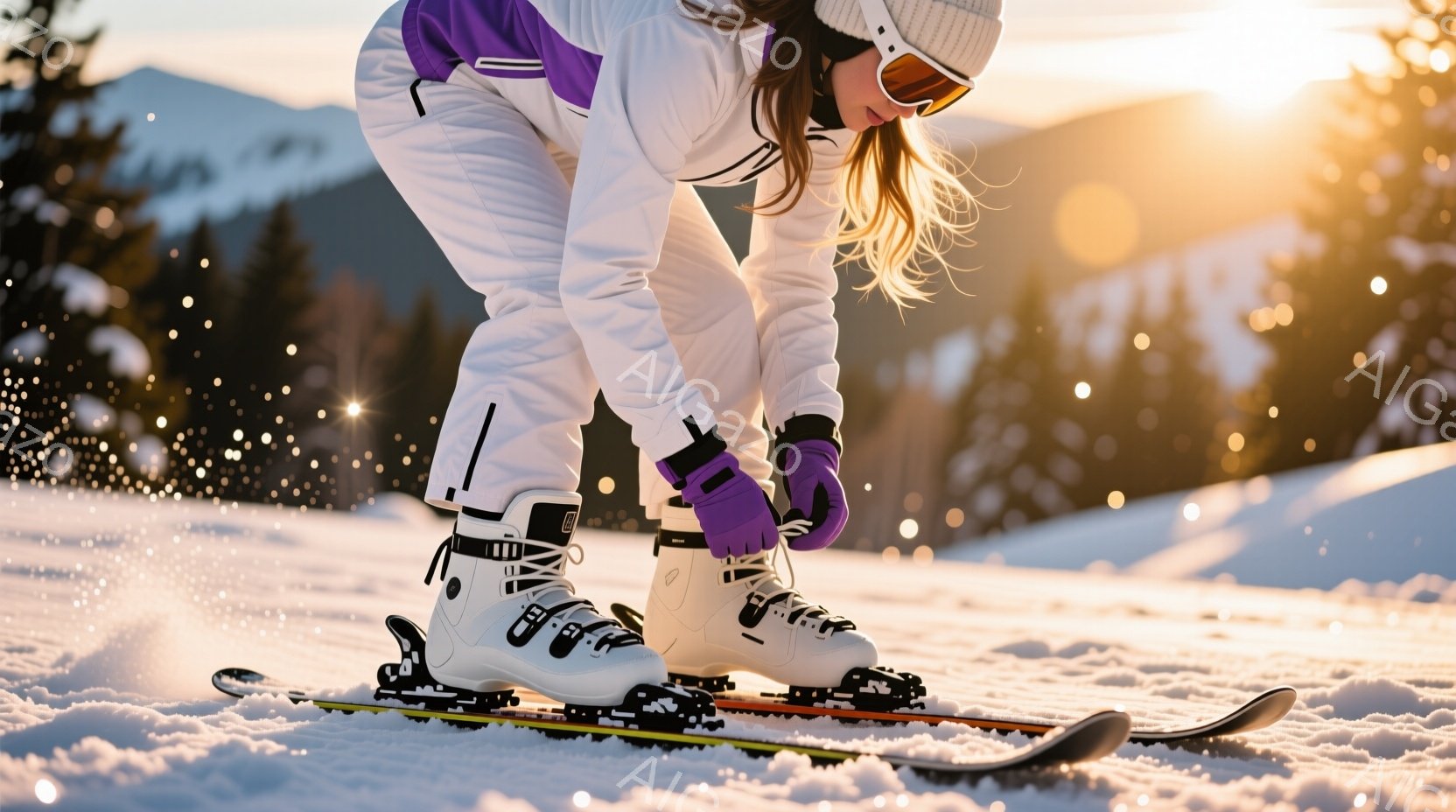 白いスキーウェアに身を包んだ女性が、雪上にてスキーブーツの紐を結んでいます。金色の髪を後ろでまとめ、濃い紫色のゴーグルをかけており、顔はほとんど見えません。背景には雪に覆われた山々と、夕焼けのような光が差し込み、冬の静かで美しい雰囲気を醸し出しています。