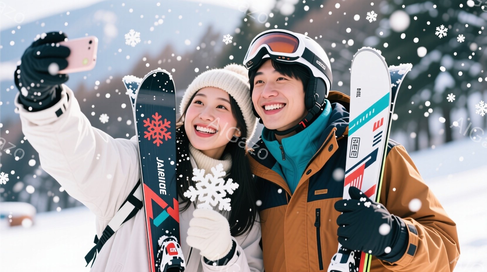 雪山を背景に、若い男女が笑顔で自撮りしている写真です。女性は白いニット帽を被り、男性はヘルメットとゴーグルを着用し、防寒性の高いスキーウェアを着ています。背景には雪が降り積もり、スキー板が映り込み、冬の楽しい雰囲気を伝えています。