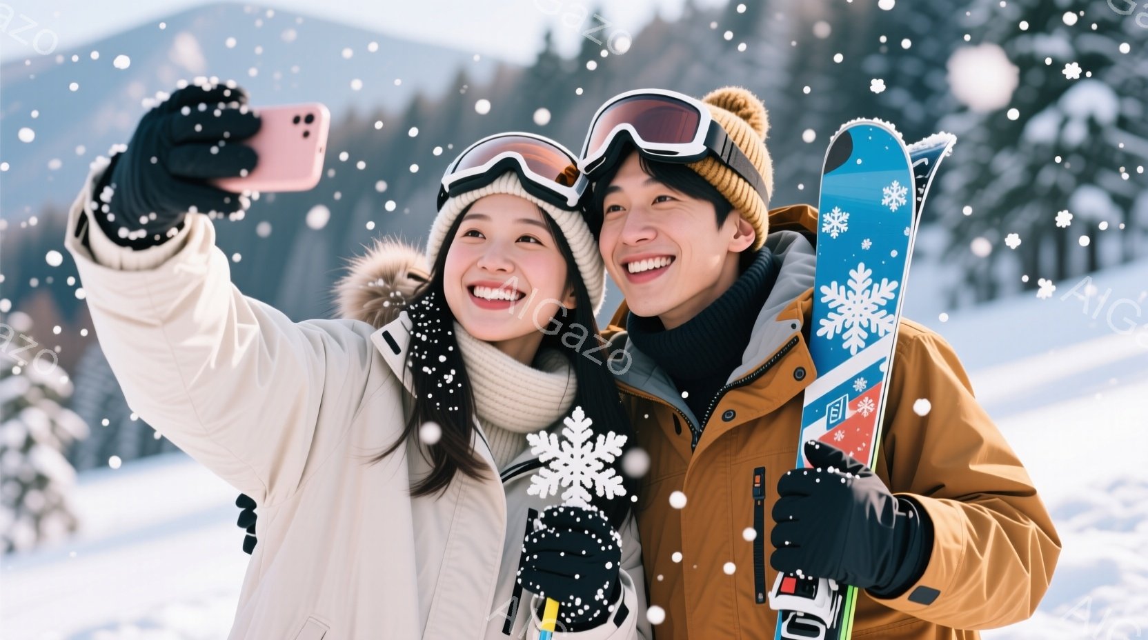 雪景色の中で、若い男女がセルフィーを撮っています。女性は白い帽子とマフラー、男性は茶色の帽子とジャケットを着ており、どちらもスキーゴーグルをかけて笑顔を浮かべています。背景には雪に覆われた山々とスキー場があり、冬の楽しい雰囲気が漂っています。