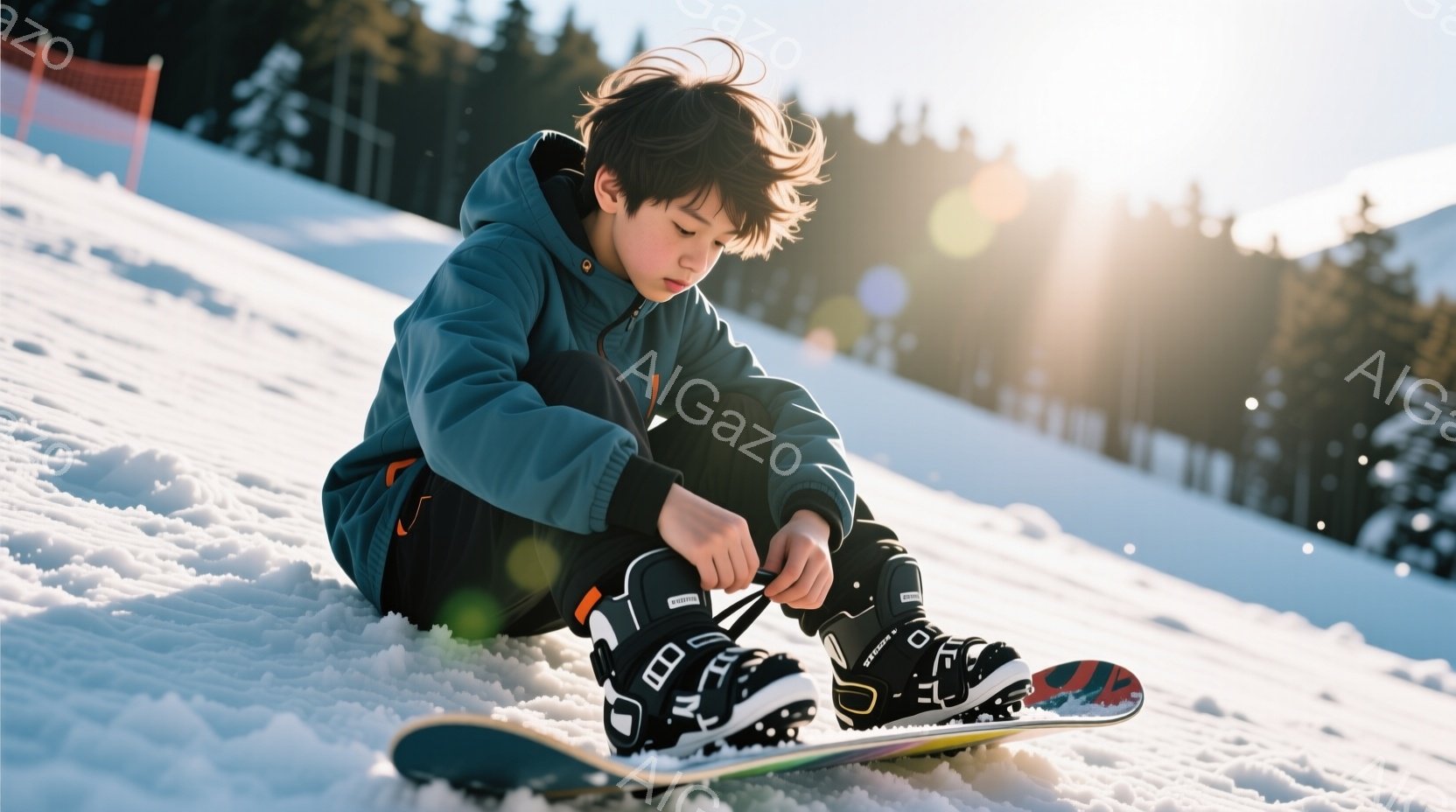 雪の上に座った少年が、スノーボードのブーツの紐を結んでいます。彼はターコイズブルーのジャケットと黒いズボンを着用し、少しカールしたダークヘアを持っています。背景には白く雪に覆われた山々と、ぼやけた木々が見え、晴れた冬の日差しが降り注いでいます。