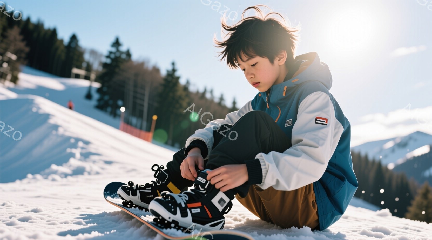 雪山の中で、少年がスノーボードのブーツの紐を結んでいます。彼は青いジャケットに白いストライプと黒いズボンを着用し、髪は少し無造作に整えられています。背景には緑の針葉樹林と白い雪山が広がり、晴れた空の下 - AI生成フリー素材