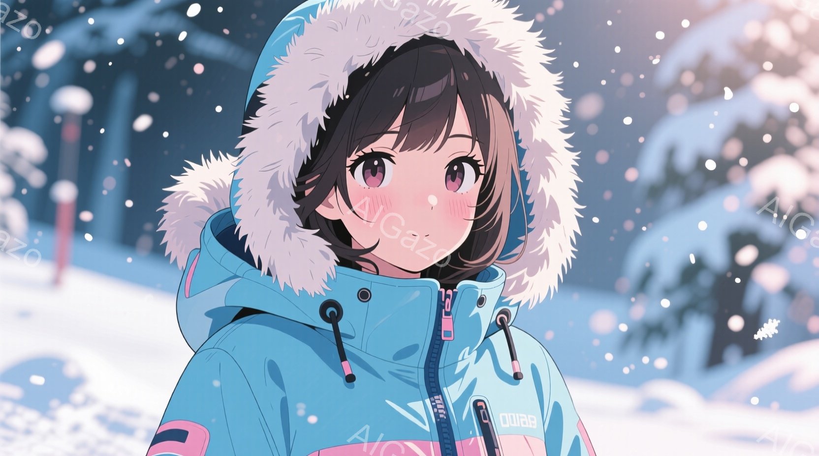 少女は、フードに白い毛皮がついた水色のウィンタージャケットを着ており、ピンク色のラインがアクセントになっています。彼女は黒髪で、少し内側にカールしており、顔は少し赤らんでおり、少し驚いたような表情をし - AI生成フリー素材