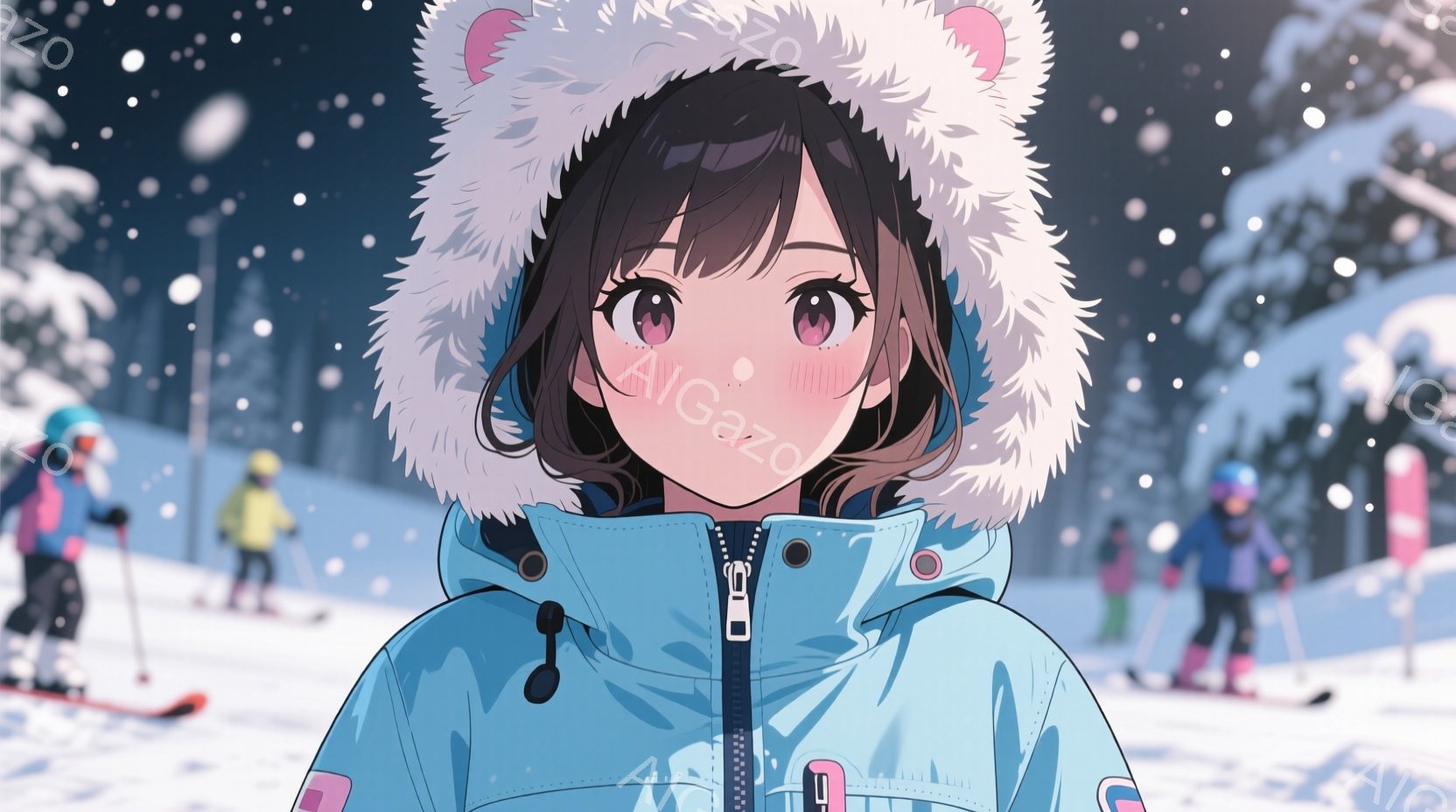 青いスキーウェアに白いファーが付いたパーカーを着た少女が描かれています。彼女はつぶらな瞳で頬を赤らめ、少し照れたような表情をしています。背景にはスキー場らしき雪景色が広がり、遠くにスキーヤーの姿も見えます。