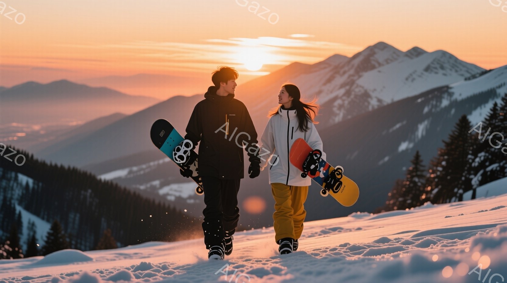 雪山を背景に、スノーボードを抱えて並んで歩く男女が写っている。男性は黒のジャケットとパンツ、女性は白のジャケットとオレンジ色のパンツを着用し、どちらも黒のブーツを履いている。背景には、雪を頂いた山々が - AI生成フリー素材