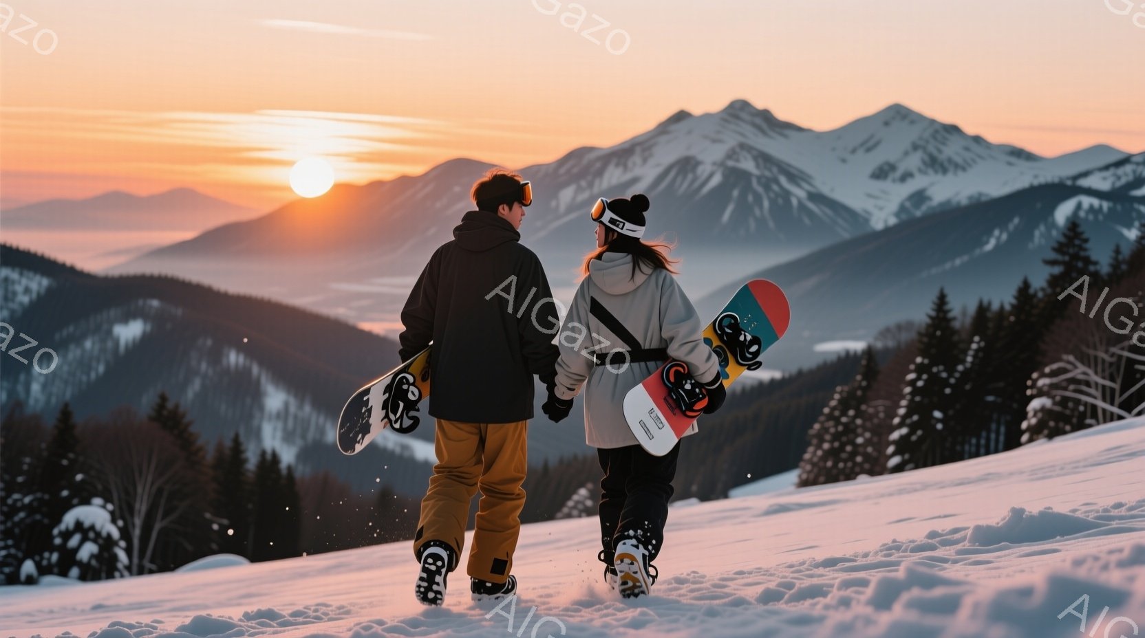 雪山を背景に、スノーボードを抱えた男女が並んで歩いている。男性は黒のジャケットにベージュのズボン、女性は白のジャケットに黒のズボンという冬の装いで、ともに帽子をかぶり、後ろ姿からは楽しげな雰囲気が伝わってくる。背景には雪をまとった山々が広がり、夕焼けのような暖色系の空が美しい景色を作り出している。