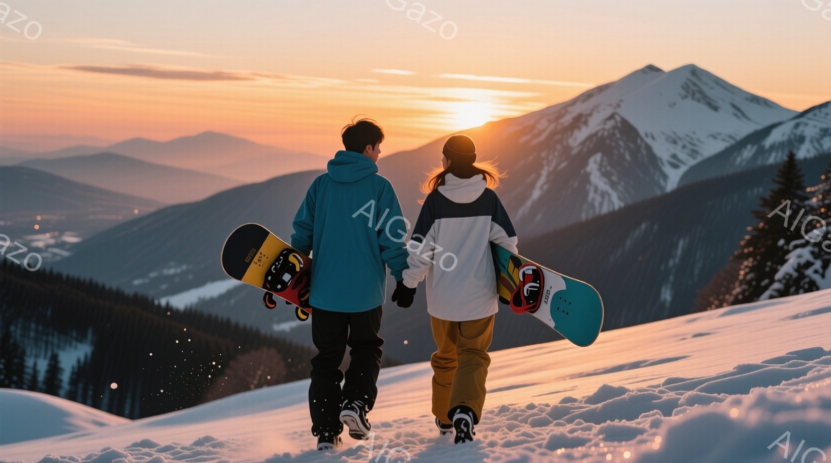 スノーボードを背負った男女が、雪山を並んで歩いている様子が捉えられています。男性は青いジャケットと黒いズボン、女性は白いジャケットに黄色いズボンを着用し、後ろ姿からは楽しげな雰囲気が伝わってきます。背 - AI生成フリー素材