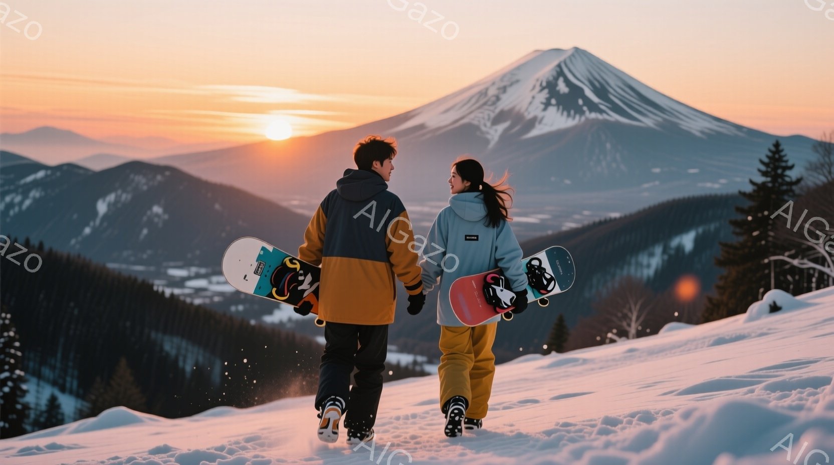 雪山を背景に、スノーボードを抱えた男女が並んで歩いている。男性はオレンジと黒のジャケット、女性はピンクと黒のジャケットを着用し、どちらもカジュアルな服装で、後ろ姿からは楽しそうな雰囲気が伝わってくる。 - AI生成フリー素材