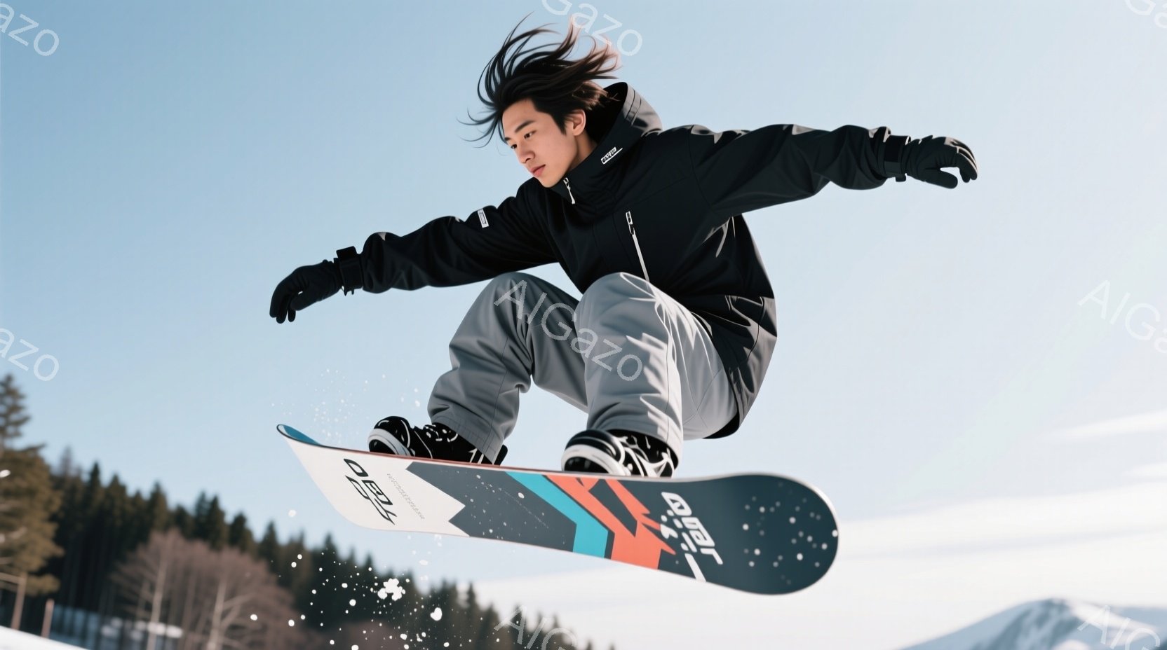 スノーボード選手が空中でのジャンプを決めている写真です。黒いジャケットと灰色のズボンを着用し、髪をかき上げている様子から、スピード感と躍動感が伝わってきます。背景には雪に覆われた森林と、遠くに見える山々が広がり、晴天の冬の日のアクティブな雰囲気を醸し出しています。