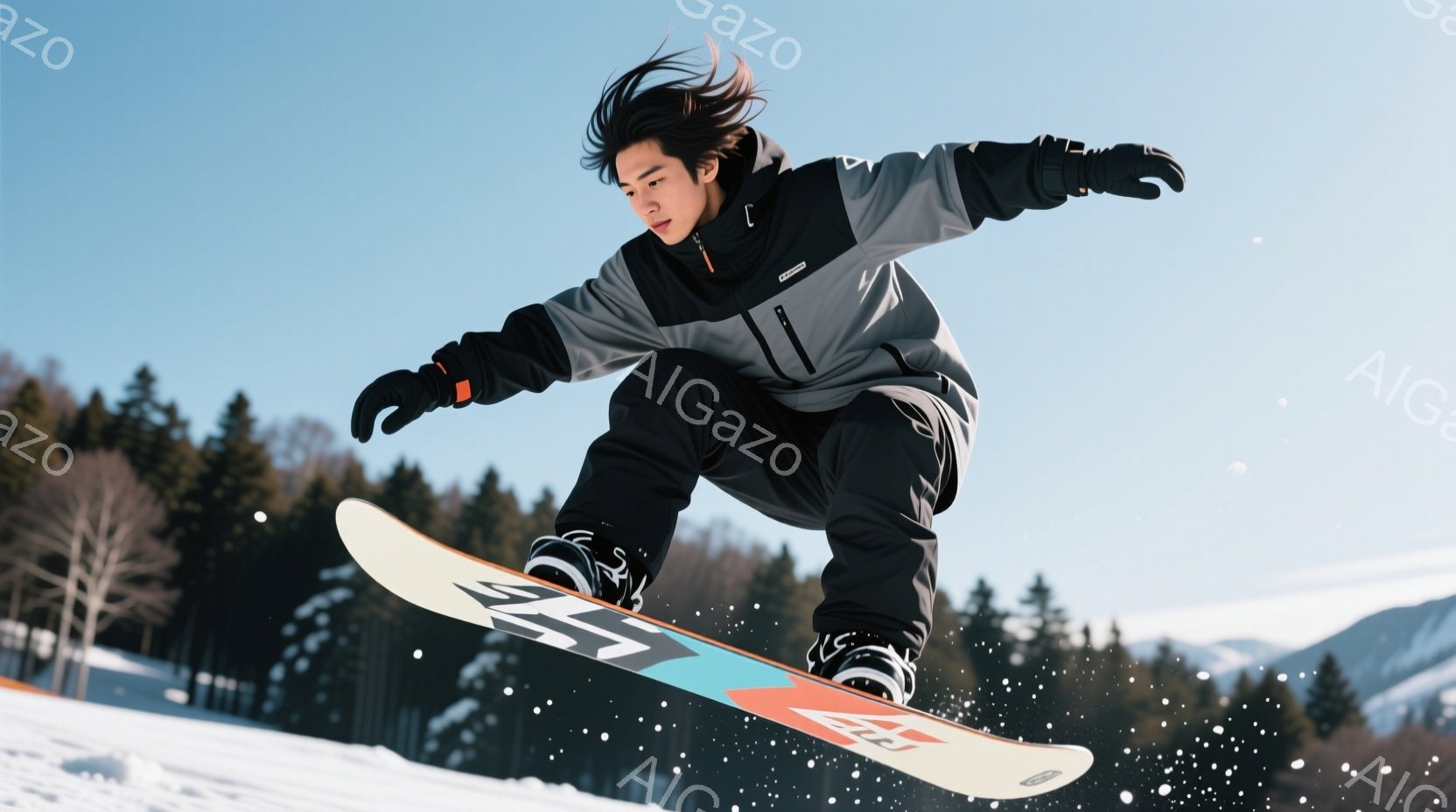 スノーボード選手が空中でのトリックを決めている写真です。黒を基調としたウェアにオレンジのアクセントが施され、髪は風になびいています。背景には雪景色が広がり、遠くには山々と木々が見え、晴天の空が広がっています。