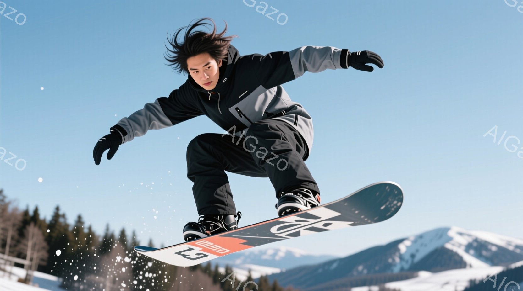 スノーボードを楽しむ男性が写っている。彼は黒のジャケットとパンツを着用し、ヘルメットをかぶらず、髪をかきあげた状態で空中でボードに乗っている。背景には雪山が広がり、晴天で雪が舞っている様子から、冬の爽やかな雰囲気が伝わってくる。