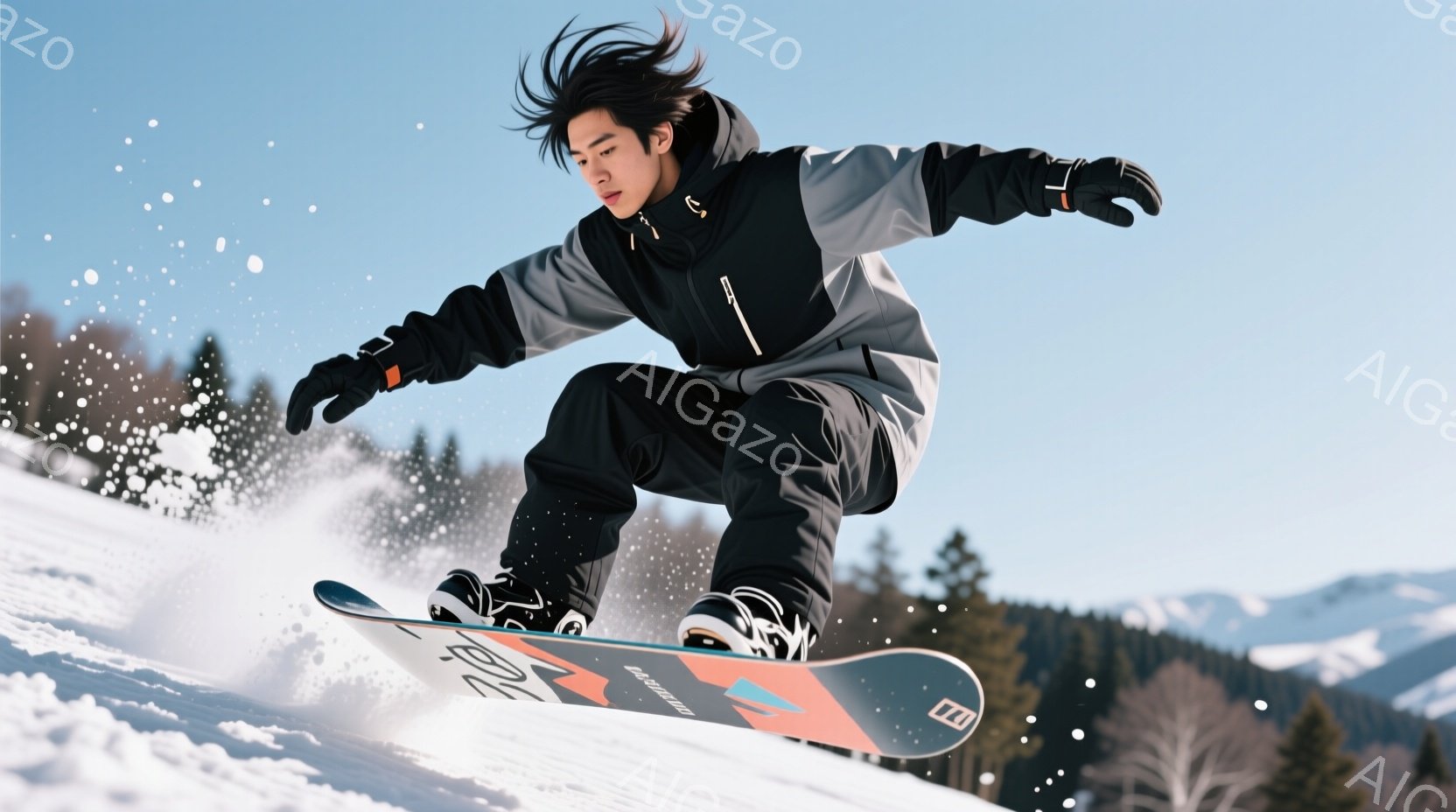 スノーボードをする男性が写っています。彼は黒とグレーのスキーウェアを着用し、黒髪を少し乱したスタイルで、集中した表情で空中に飛び出しています。背景には雪で覆われた山々と松の木々が見え、晴天で雪が舞う冬の日の活気ある雰囲気が伝わってきます。
