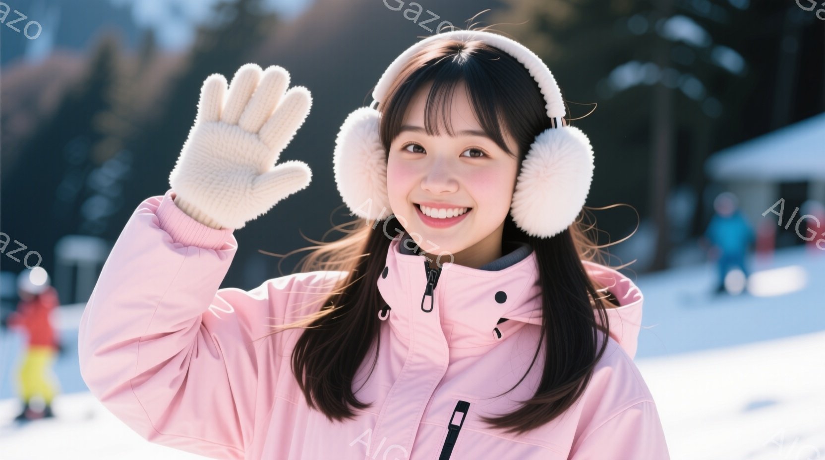 明るいピンク色のウィンタージャケットと耳あてをつけた若い女性が、雪景色の中で笑顔で手を振っています。彼女は黒髪で、前髪が目に少しかかっています。背景には、雪に覆われた山々と建物が見え、晴天で冬のスキーリゾートの活気ある雰囲気が伝わってきます。