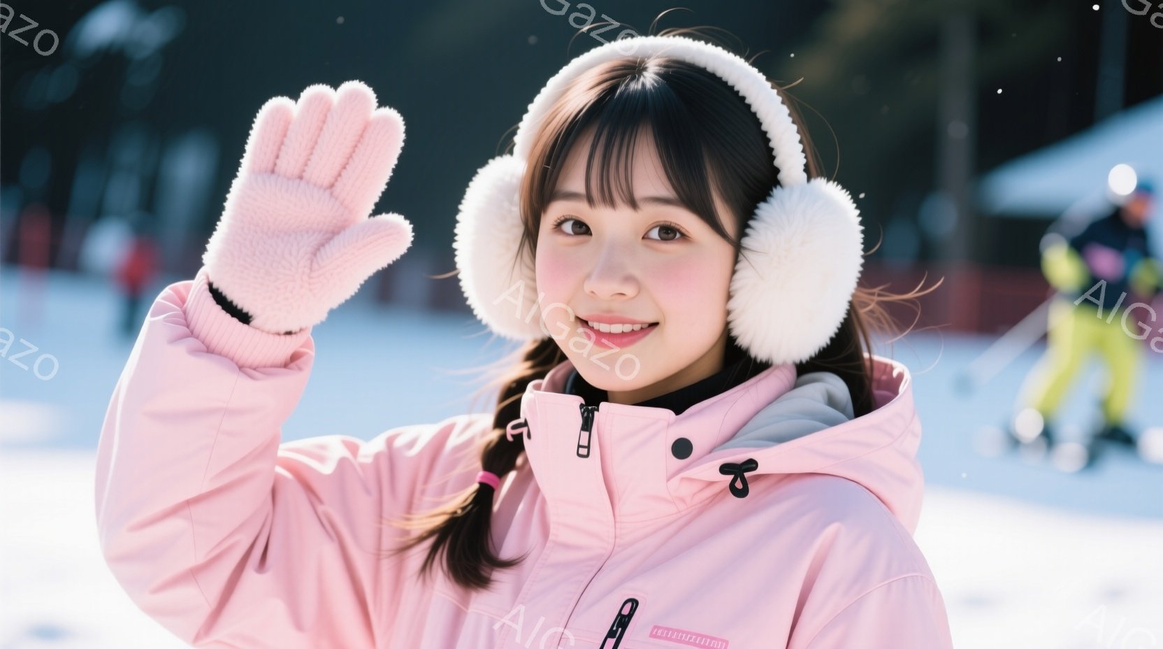 明るいピンク色のウィンタージャケットと耳当てをつけた若い女性が写っています。彼女は片手を挙げて笑顔を見せ、楽しそうな表情をしています。背景は雪景色で、スキー場らしき場所で、遠くにスキーヤーの姿が見えます。
