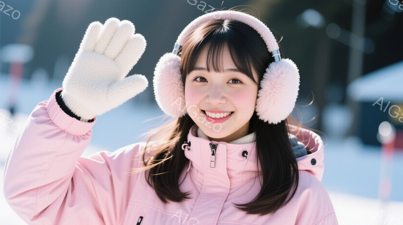 ピンク色のウィンドブレーカーと耳当てをつけた若い女性が、片手を上げて笑顔でこちらを見ている。背景は雪景色で、遠くには建物が見え、晴れた冬の日であることがわかる。全体的に明るく、楽しげな雰囲気が漂っている。