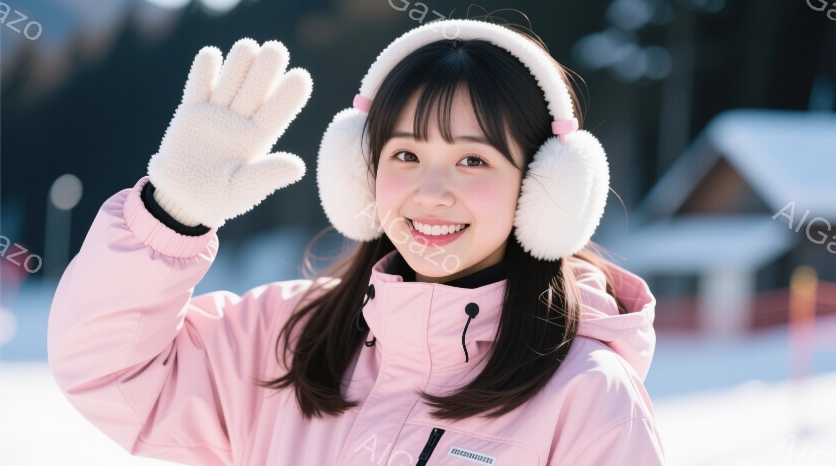 明るいピンク色のウィンタージャケットと、ふわふわの白いイヤーマフをつけた若い女性が写っています。彼女は片手を上げて笑顔でこちらを見ており、明るい表情と長い髪が印象的です。背景には雪景色が広がり、遠くに - AI生成フリー素材