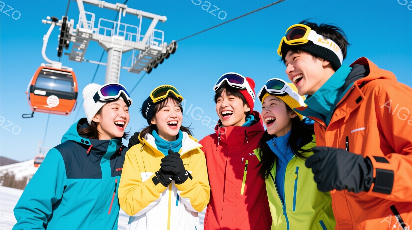 5人の若い男女がスキー場で笑顔で肩を並べています。それぞれ明るい色のウィンタースポーツウェアを着用し、ゴーグルをかけています。背景には青空とスキーリフト、遠くに見える雪山が広がっており、晴れた冬の日の - AI生成フリー素材