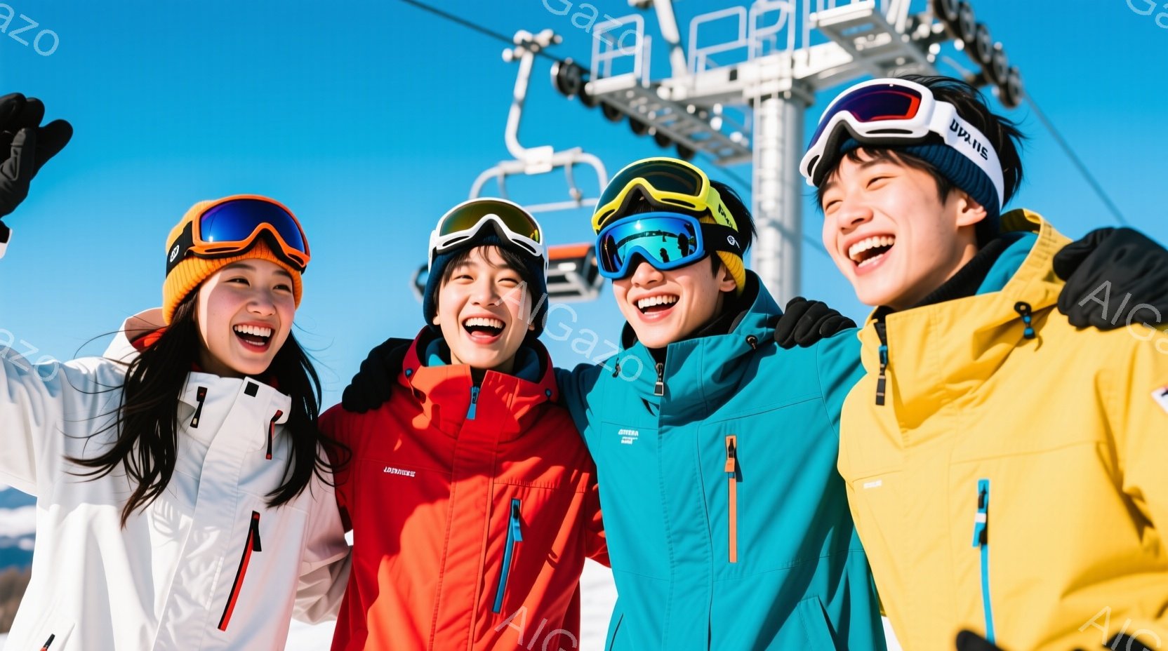 4人の若い女性と男性がスキー場で楽しそうに笑っています。それぞれカラフルなスキーウェアとゴーグルを着用し、女性は編み帽をかぶっています。背景にはスキーリフト、雪山、青空が広がっており、晴天の下、活気に満ちた雰囲気が伝わってきます。