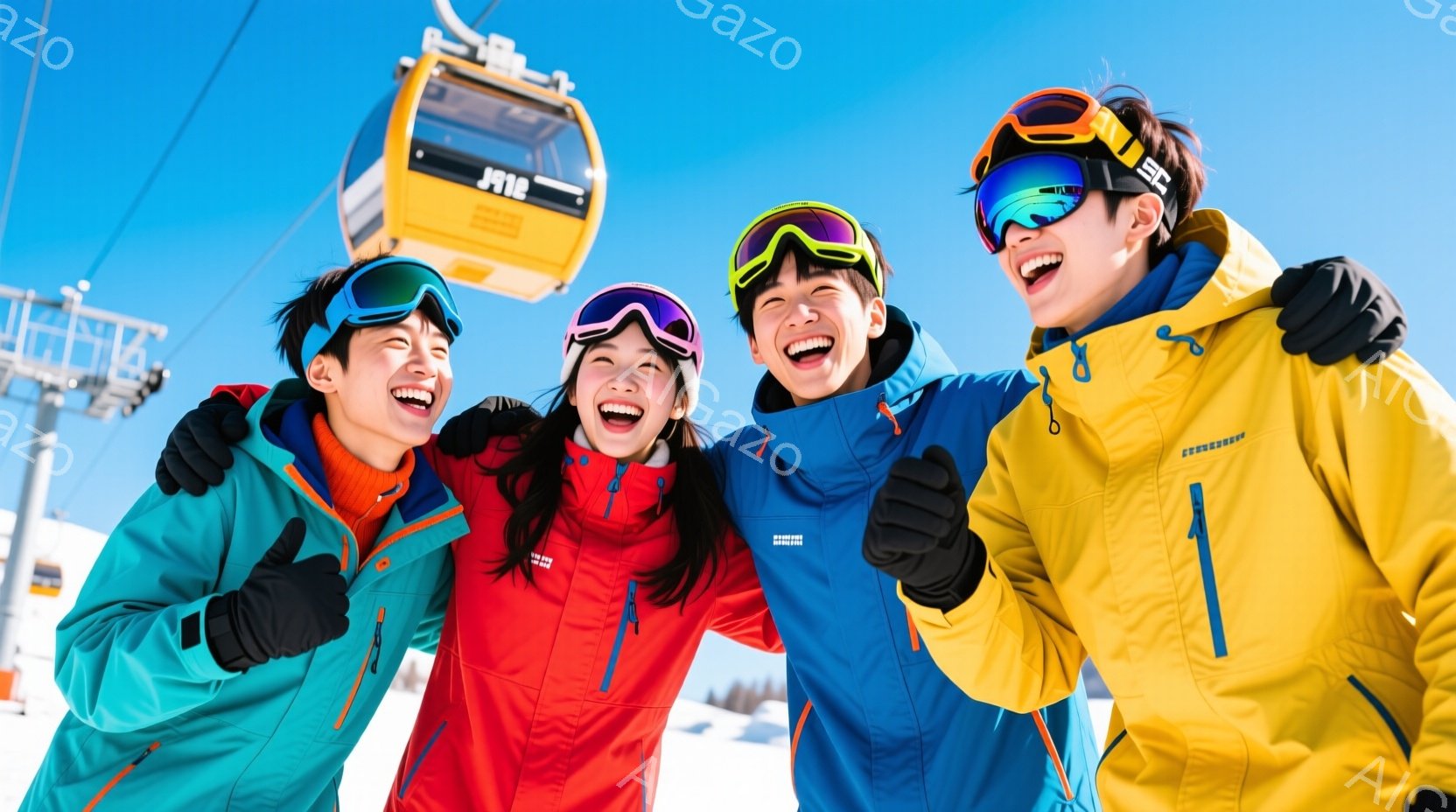 雪山を背景に、四人の若い男女が笑顔で寄り添いながら写っています。それぞれ鮮やかな色のスキーウェアを着用し、ゴーグルをかけています。背景には青空と白い雪、そしてスキーリフトのゴンドラが見え、冬の爽やかな雰囲気が伝わってきます。