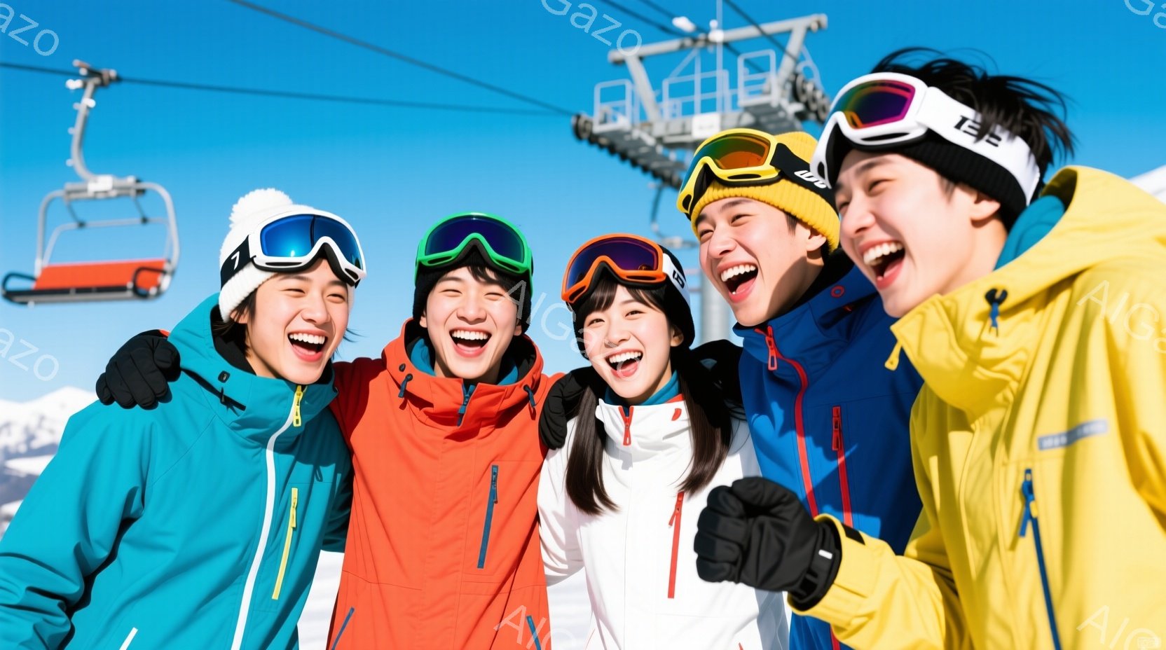 雪山を背景に、スキーウェアを着た男女５人が笑顔で寄り添っている。鮮やかなターコイズブルー、オレンジ、ネイビー、黒のウェアが目を引く中、それぞれゴーグルやニット帽を着用し、楽しげな雰囲気を醸し出している。背景にはスキーリフトと雪山が広がり、晴天の下、冬のスポーツを楽しんでいる様子が伝わる。