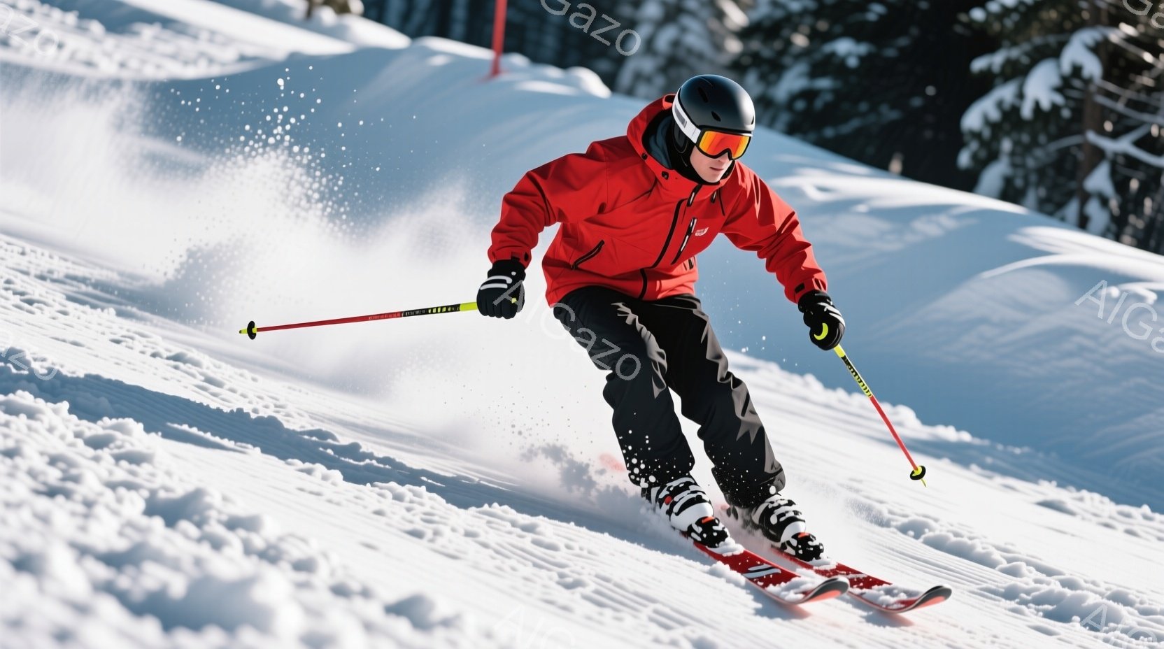 スキーヤーが雪山を滑走している様子が写っています。赤いジャケット、黒いズボン、黒いヘルメット、ゴーグルを着用し、集中した表情で斜面を駆け下りています。背景は雪景色が広がり、スキーコースの柵が見え、全体的に爽やかで活気のある雰囲気が漂っています。