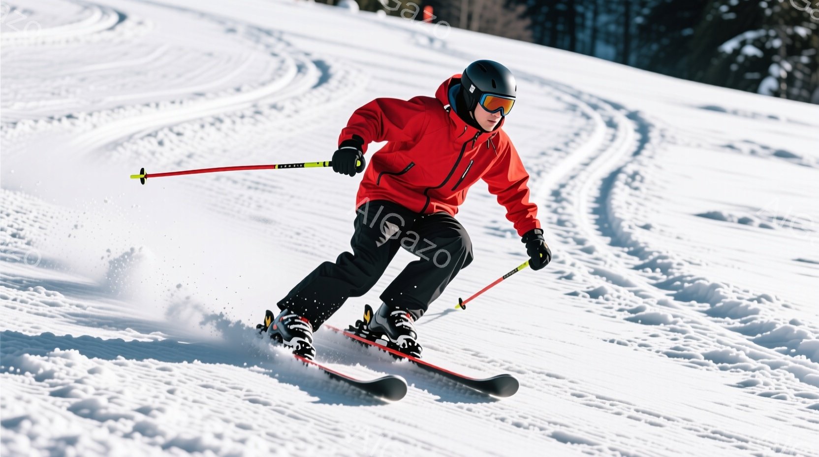 スキーヤーが雪山を滑走している様子が写っている。彼は赤いスキーウェア、黒いズボン、黒いヘルメットを着用し、ゴーグルで顔を覆っている。背景には雪景色が広がり、滑走路にはスキーの跡が並んでいる。 - AI生成フリー素材