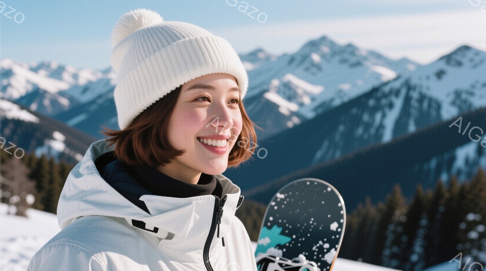 明るい笑顔を浮かべた女性が、白いニット帽と白いスキーウェアを着て雪山を背景に立っている。彼女はスノーボードを肩に担ぎ、頬を赤らめながら遠くを見つめている。背景には雪をまとった山々が連なり、晴天の下、冬の爽やかな雰囲気が漂っている。